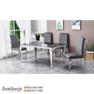 Meja Makan Stainless Steel Silver Cabriole Top Meja Kaca Smoke