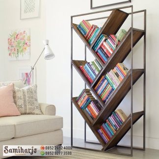 Rak Buku Besi Geometris Minimalis Kayu