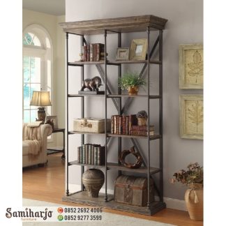 Rak Buku Besi Pipa Papan Kayu Jati Solid
