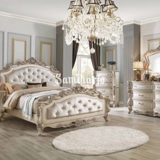 Set Kamar Tidur King Houston Warna Krem Putih Antik Kain