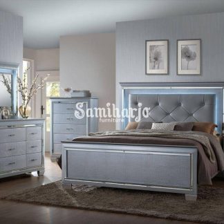 Set Tempat Tidur Crown Mark B7100 Lillian King Platform Kamar Tidur Set 5 Buah Perak, Kulit Imitasi