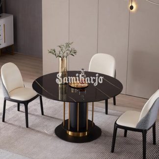 Meja Makan Bulat Granit Modern Stainless Kombinasi Hitam Anggun Gagah (1)