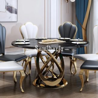 Meja Makan Bulat Newton Orbital Stenlis Emas Desain Berkelas Tinggi (1)