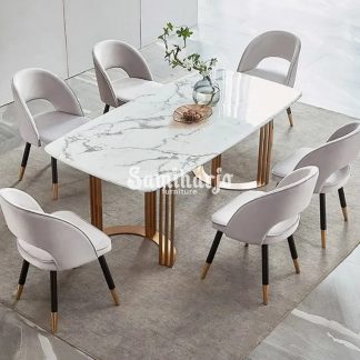 Meja Makan Marmer Corolla Persegi Panjang Stainless Emas Mewah (3)