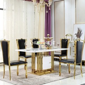 Meja Makan Marmer Nancy Laci Putih Mewah Stainless Emas Kuat Anti Karat (3)