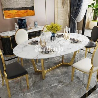 Meja Makan Oval Olive Modern Marmer Serat Kaki Stenlis Gold Kombinasi (1)