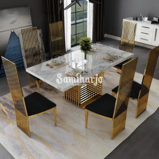 Meja Makan Stainless Justice Emas Mengkilap Model Tegas Simple (3)