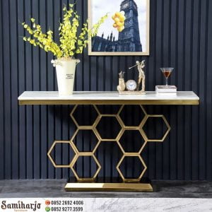 Meja Foyer Konsul Marmer Honeycomb Stainless Steel Gold Glossy (1)