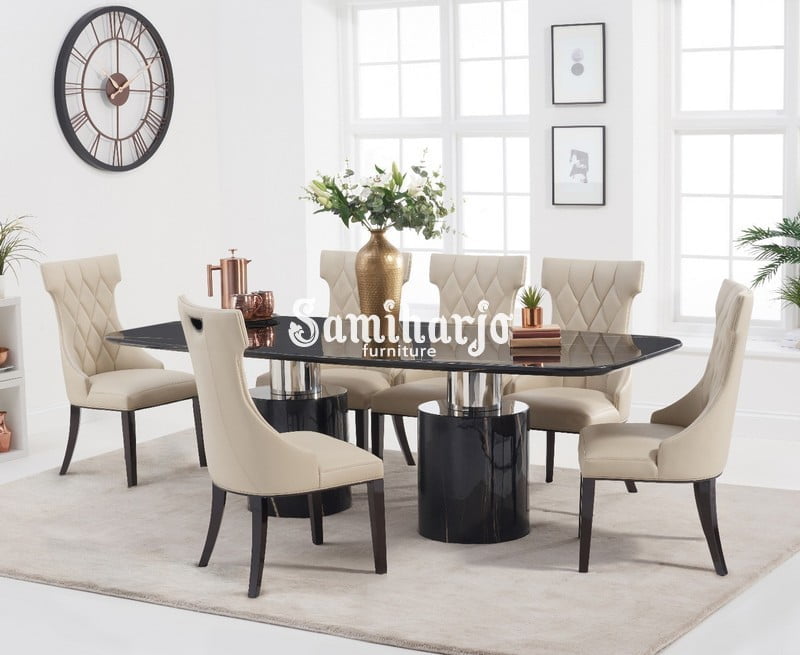 Meja Makan Granit Hitam Mewah Kursi Jok Modern Cream