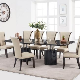 Meja Makan Granit Marmer Hitam Mewah Kursi Minimalis Modern Cream