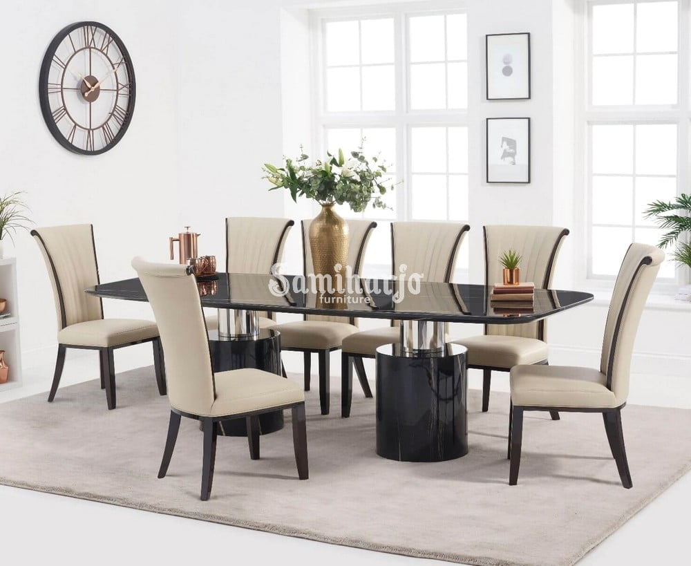 Meja Makan Granit Marmer Hitam Mewah Kursi Minimalis Modern Cream