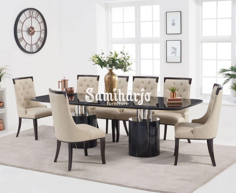 Meja Makan Stainless Granit Hitam Mewah Kursi Jok Modern