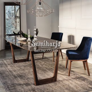 Meja Makan Marmer Emperador Mewah Kaki Kayu Solid Kontemporer Modern Elegan