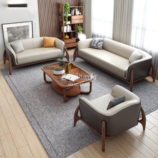 Sofa Tamu Kulit Skandinavian Retro Minimalis Kayu Jati