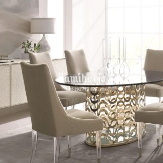 Meja Makan Emas Stainless Gelombang Top Meja Kaca Tempered