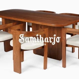 Set Meja Makan Modern Kayu Jati Kursi Melengkung
