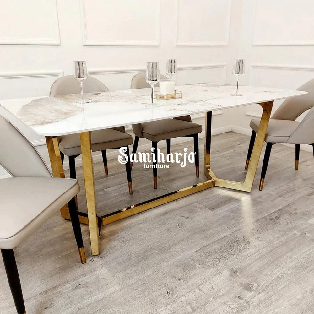 Meja Makan Stainless Emas Mewah Lugas 4 Kursi Modern Solid