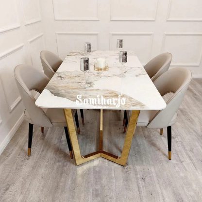 Meja Makan Stainless Emas Mewah Lugas 4 Kursi Modern Solid