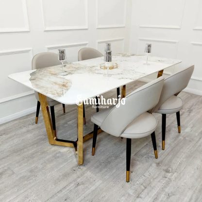 Meja Makan Stainless Emas Mewah Lugas 4 Kursi Modern Solid