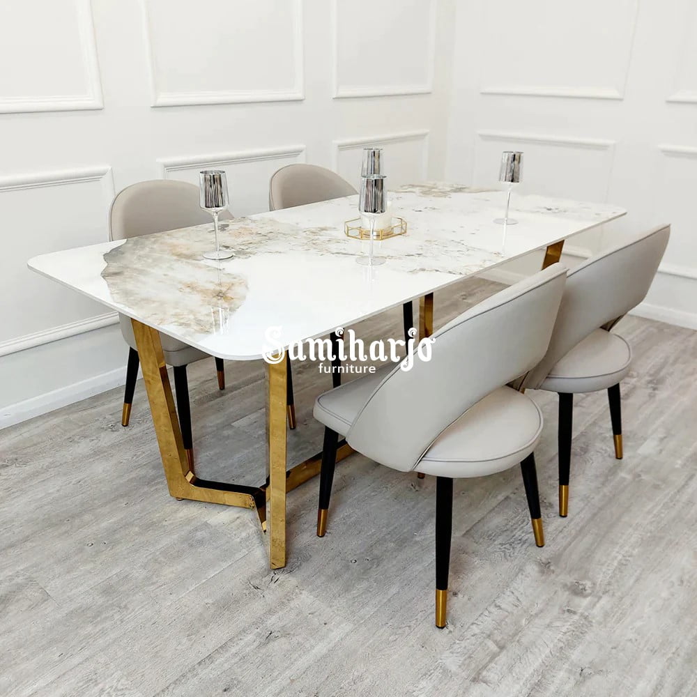 Meja Makan Stainless Emas Mewah Lugas 4 Kursi Modern Solid