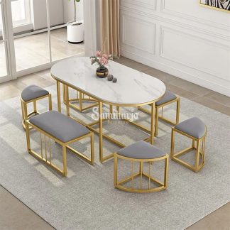 Set Meja Makan Oval 6 Kursi Masuk Hemat Ruangan Stainless 304