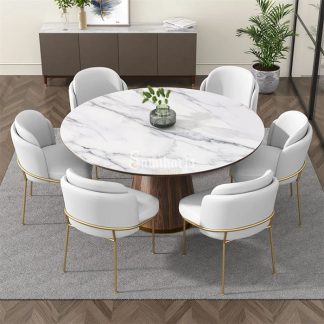 Set Meja Makan Marmer Bundar 6 Kursi Busa Sandaran Double