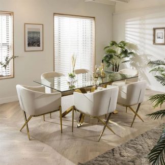 Set Meja Makan Top Kaca Bening 6 Kursi Stainless 304 Kaki Belakang Silang