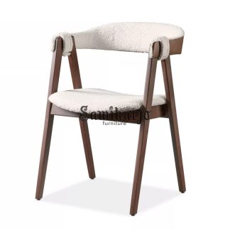 Kursi Makan Lengan Kayu Solid Kain Boucle