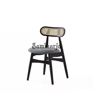 Kursi Makan Minimalis Hitam Jok Abu Anyaman Rotan