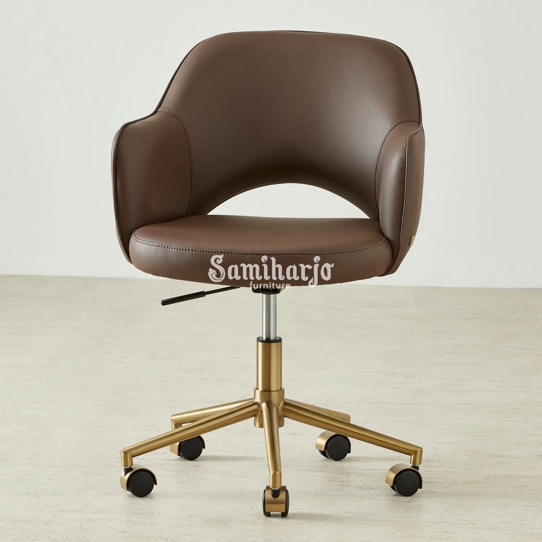 Kursi Dining Chair Adrianna Kulit Beige Sandaran Lengan Gold Minimalis - Image 3