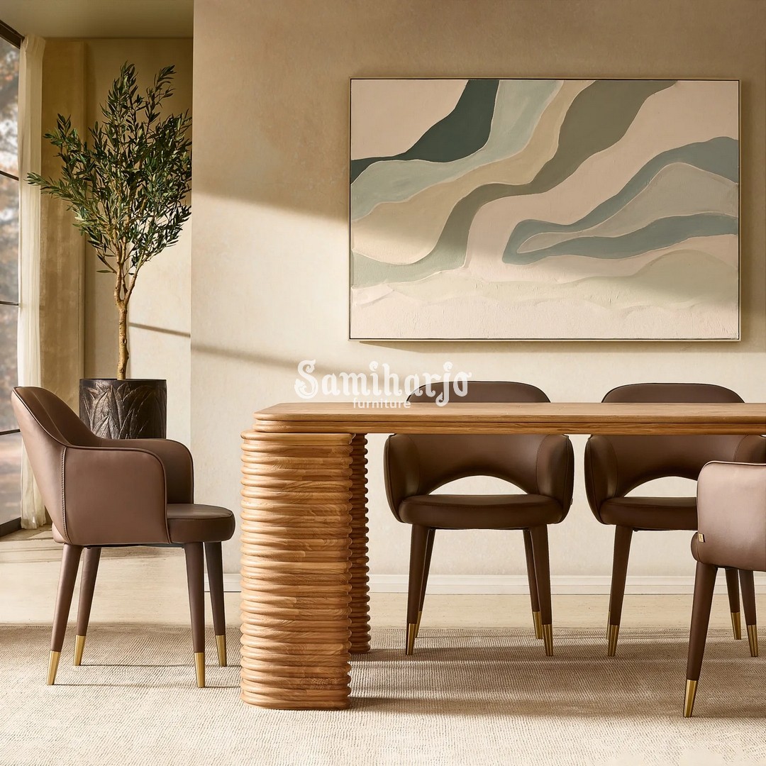 Kursi Dining Chair Adrianna Kulit Beige Sandaran Lengan Gold Minimalis - Image 4