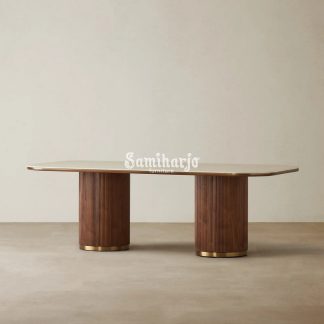 Meja Makan Kontemporer San Pierre Travertine Dua Pilar Oval Mewah 1 title