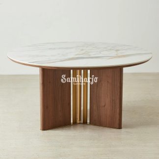 Meja Makan Modern Sir Lionell Round Sintered Stone Walnut Gold Mewah 1 title