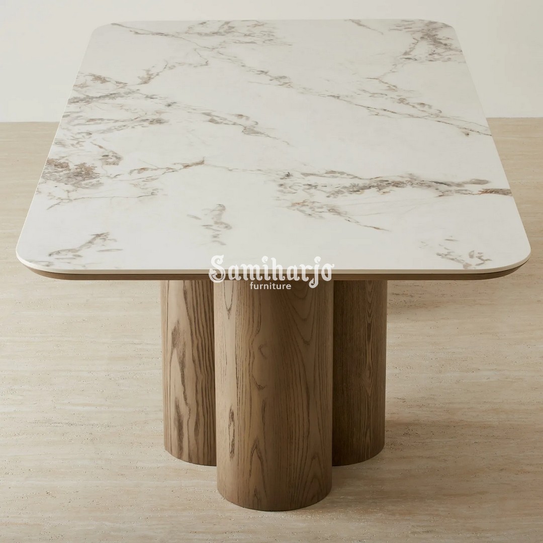 Meja Makan Modern Terzetto Rectangular Sintered Stone Kaki Silinder Natural - Image 4