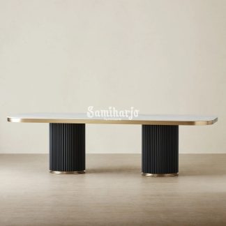 Meja Makan Resto Oval Statuario Sintered Stone Kolom Mewah 1 title