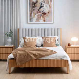 Tempat Tidur Matthew Upholstered Mid Century Kayu Natural 1 title