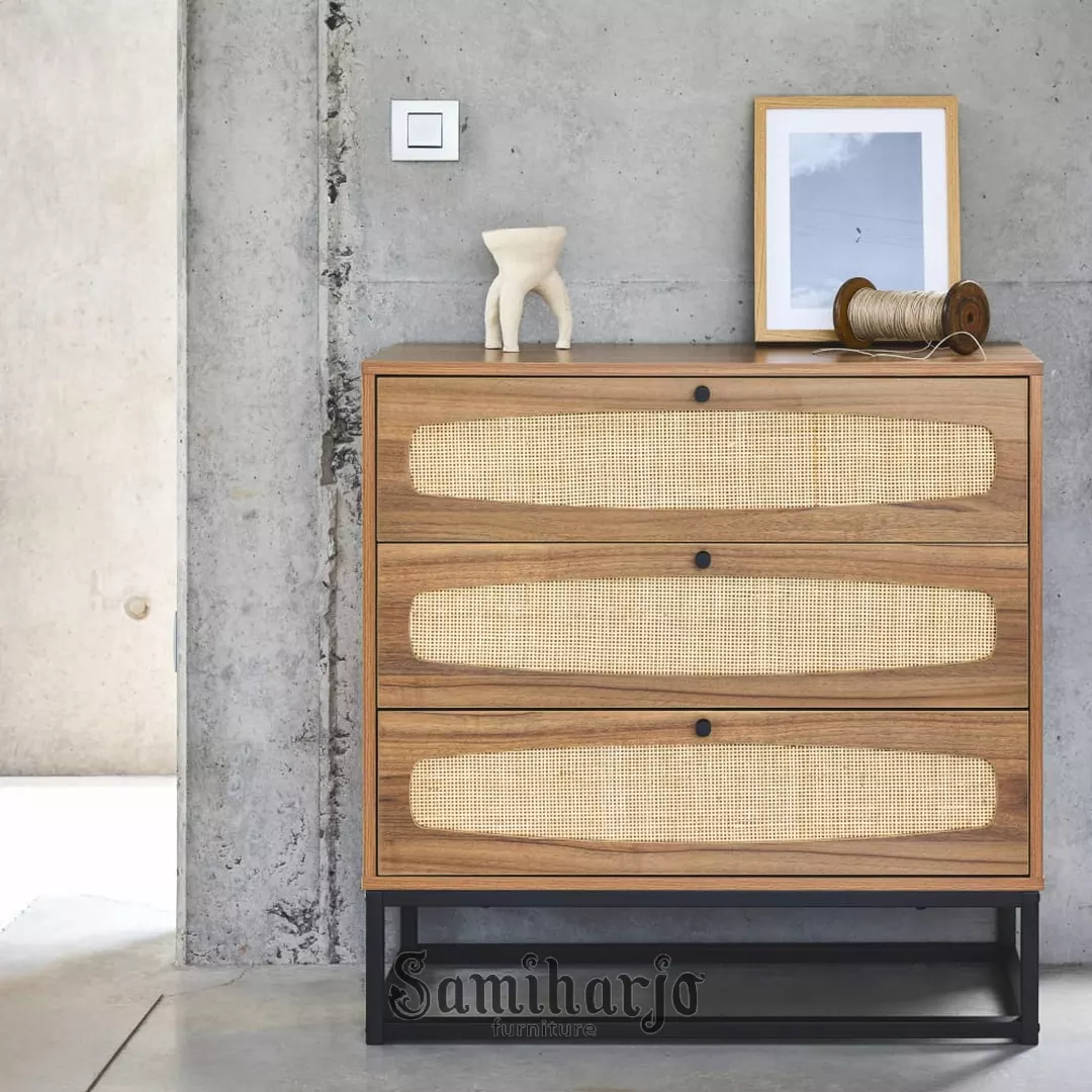 Bufet Laci Nara Walnut Rotan Aksen Industrial Ruang Tamu Mewah - Image 2