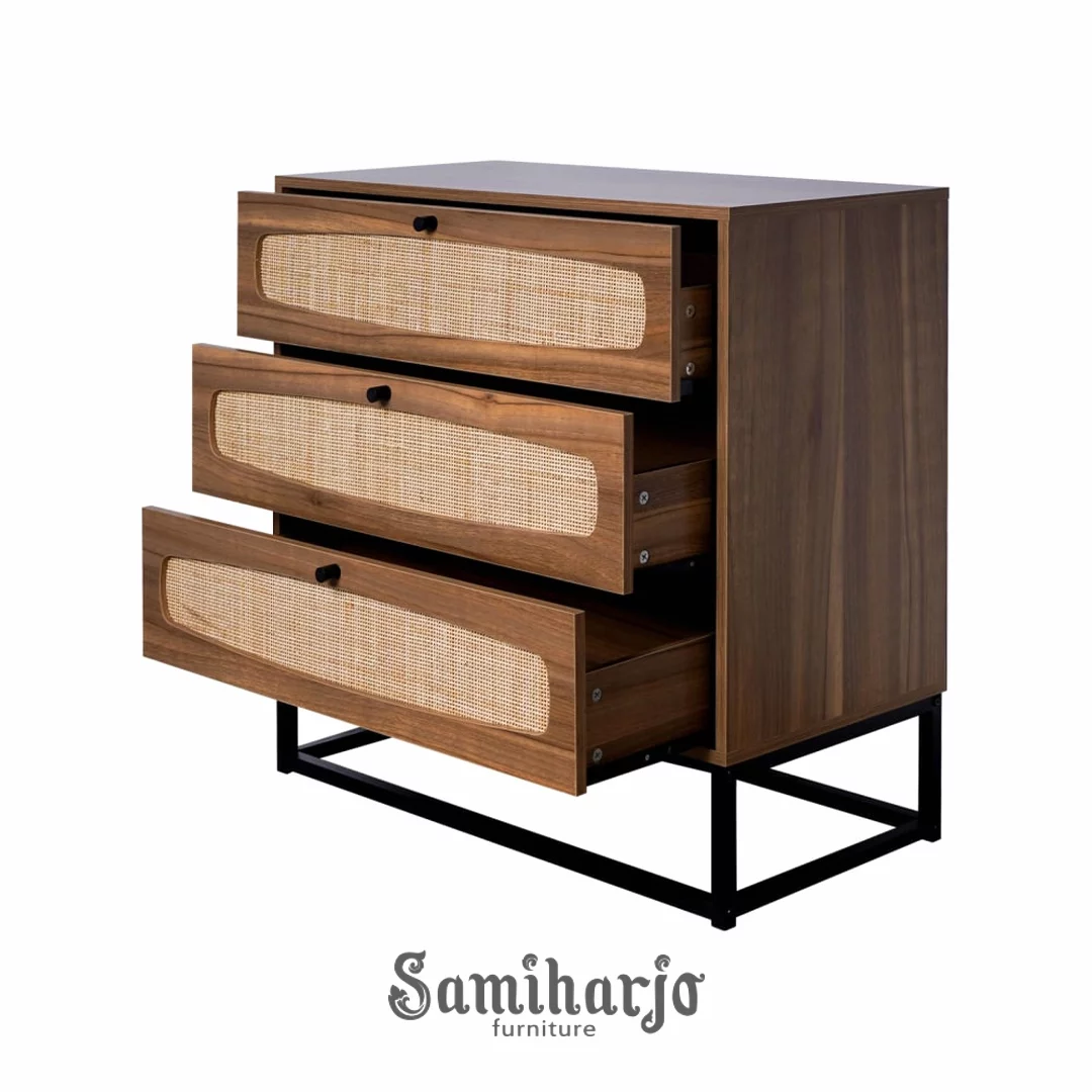 Bufet Laci Nara Walnut Rotan Aksen Industrial Ruang Tamu Mewah - Image 3