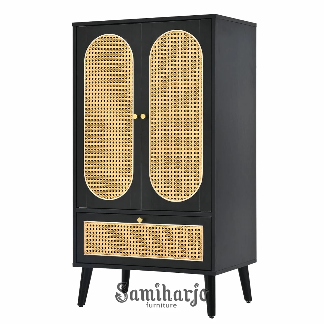 Lemari Kabinet Rattan Hitam Elvano Modern Pintu Lengkung Kayu 1 title