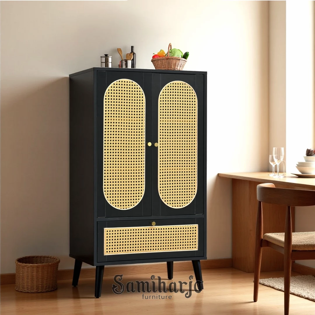 Lemari Kabinet Rattan Hitam Elvano Modern Pintu Lengkung Kayu - Image 2
