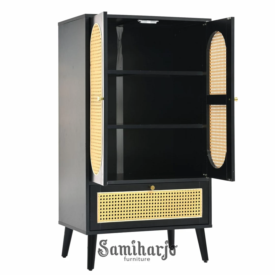 Lemari Kabinet Rattan Hitam Elvano Modern Pintu Lengkung Kayu - Image 3