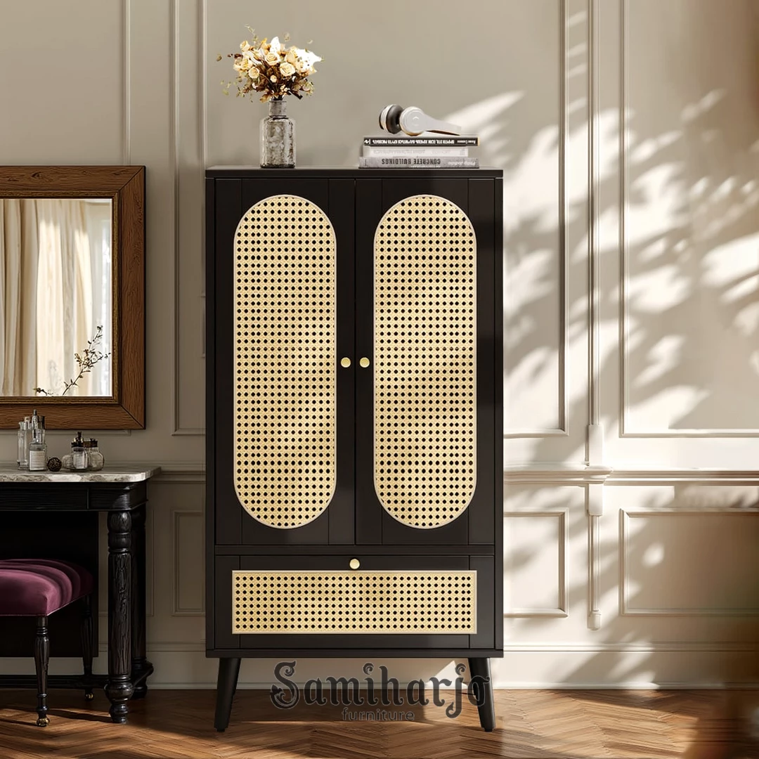 Lemari Kabinet Rattan Hitam Elvano Modern Pintu Lengkung Kayu - Image 4