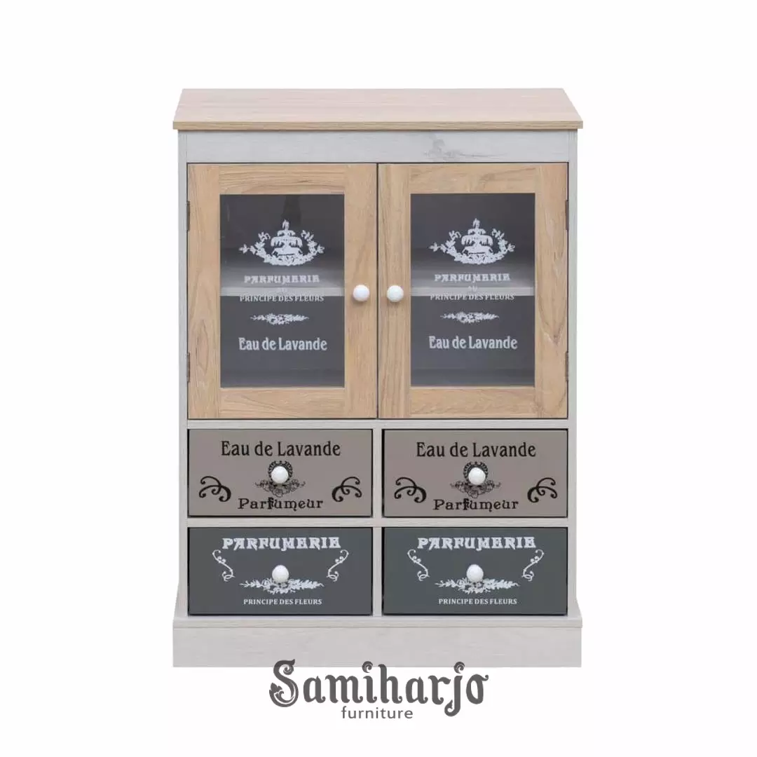 Lemari Kabinet Vintage Lavande Shabby Kayu Kaca Grafis Perancis - Gambar 4