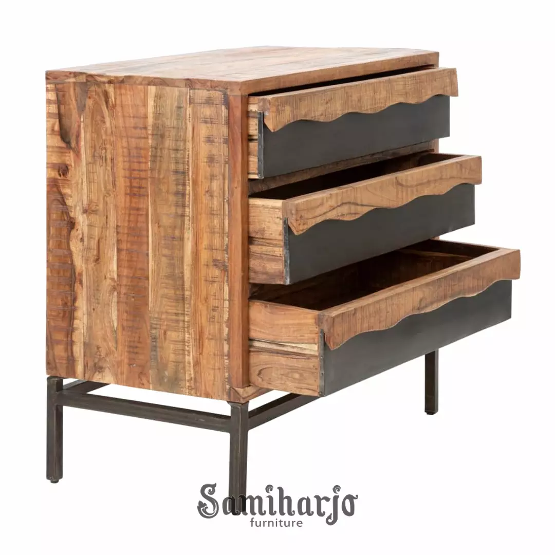 Lemari Laci Industrial Argo Kayu Solid Aksen Besi Tiga Susun - Image 3