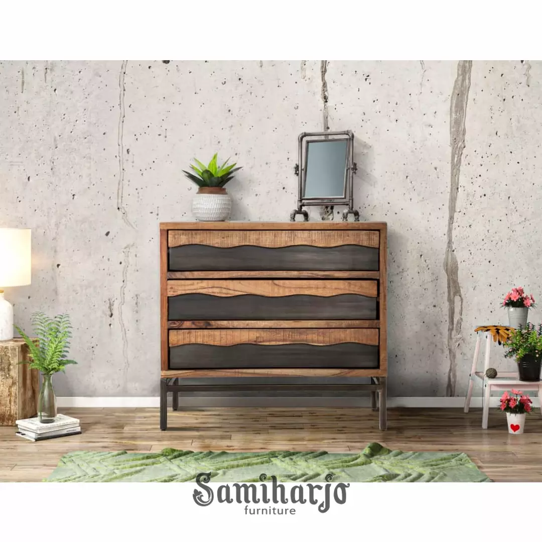 Lemari Laci Industrial Argo Kayu Solid Aksen Besi Tiga Susun - Image 4