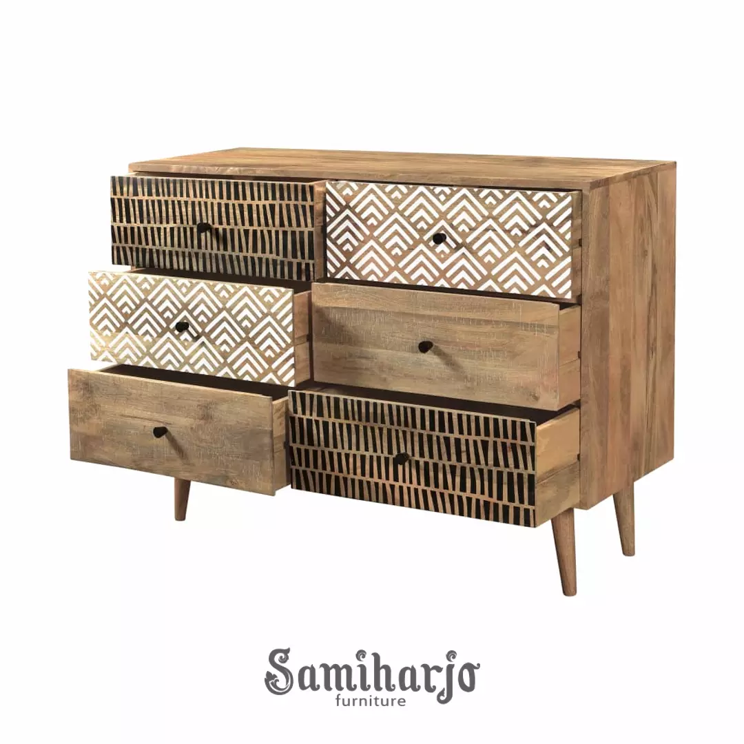 Lemari Laci Motif Geometris Kayu Solid Kaki Jengki Retro Unik 1 title