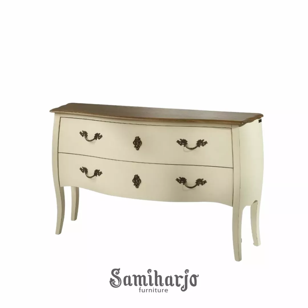 Meja Konsul Klasik Celestine Dresser Lengkung Kayu Duco Ivory 1 title