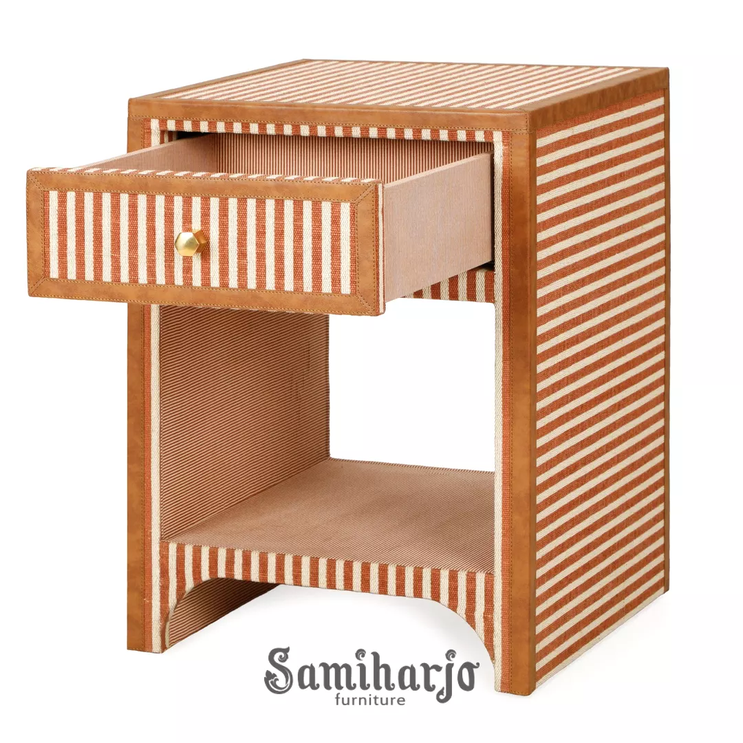 Meja Nakas Kain Garis Aruna Satu Laci Rak Terbuka Natural - Gambar 2