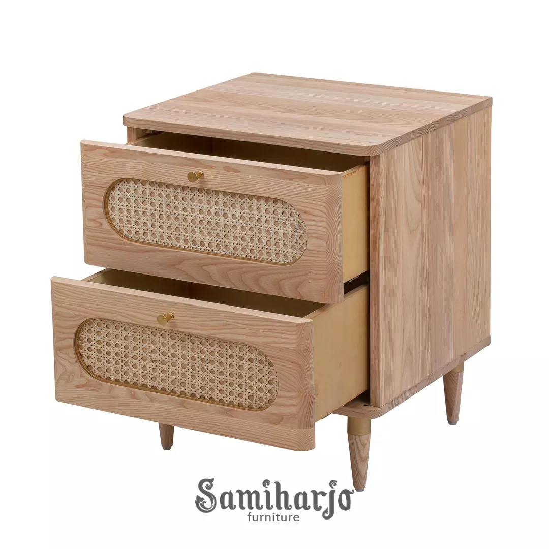 Meja Nakas Kayu Rotan Aluna Dua Laci Natural Modern Hangat - Gambar 2