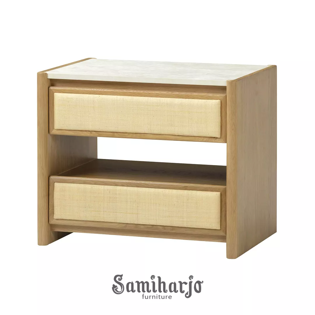 Meja Tempat Tidur Linen Oak Calm Dua Laci Natural Modern 1 title